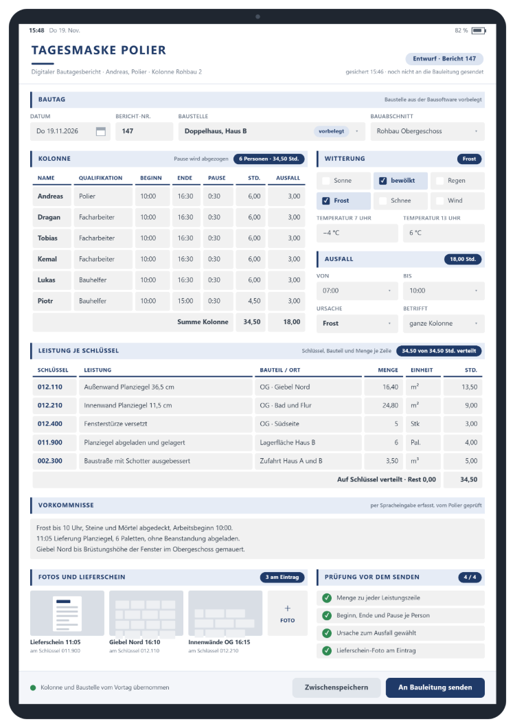 Tagesmaske Polier im digitalen Bautagesbericht am Tablet mit Datum, Bericht-Nr. und vorbelegter Baustelle Doppelhaus, Haus B, Kolonne mit Qualifikation, Beginn, Ende, Pause und Stunden, Witterung mit Frost und Temperatur, Ausfall mit Ursache, Leistung je Schlüssel mit Bauteil und Menge, Vorkommnissen, Fotos und Lieferschein sowie Prüfung vor dem Senden an die Bauleitung