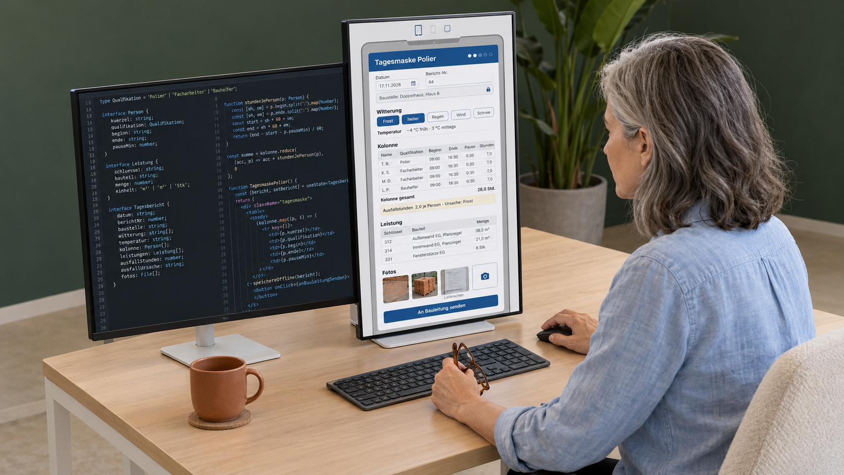 Softwareentwicklerin programmiert den digitalen Bautagesbericht: links der TypeScript-Code, rechts am hochkant gestellten Monitor die Tagesmaske Polier mit Witterung, Kolonne, Leistung je Schlüssel, Fotos und der Schaltfläche An Bauleitung senden