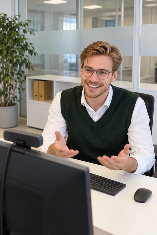 Formilo-Berater mit Brille erklärt im Videocall, wie das Bautagesbericht-Muster entsteht
