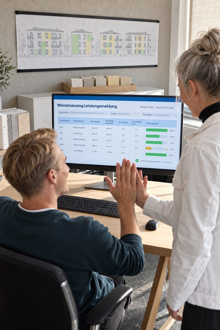 Zwei Mitarbeiter eines Stuckateurbetriebs klatschen sich im Büro ab, am Monitor der Monatsauszug Leistungsmeldung mit Leistungsstand je Fassadenseite, im Hintergrund Dämmstoffmuster und eine Fassadenansicht