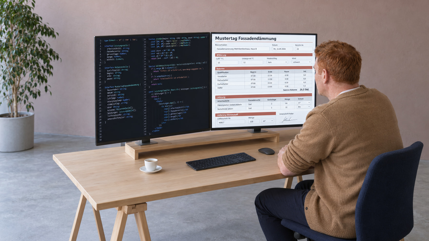 Entwickler programmiert das Bautagesbericht-Muster: links der Code, rechts der Mustertag Fassadendämmung mit Witterung, Kolonne mit Stunden, Leistung je Fassadenseite und Gerüstlage sowie Lieferung Dämmstoff