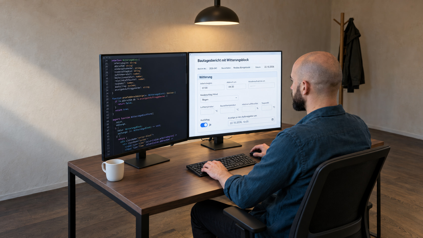 Entwickler programmiert den Bautagesbericht mit Witterungsblock, links der Code, rechts das Formular mit Abbruchzeit, Messwerten und Anzeige an den Auftraggeber