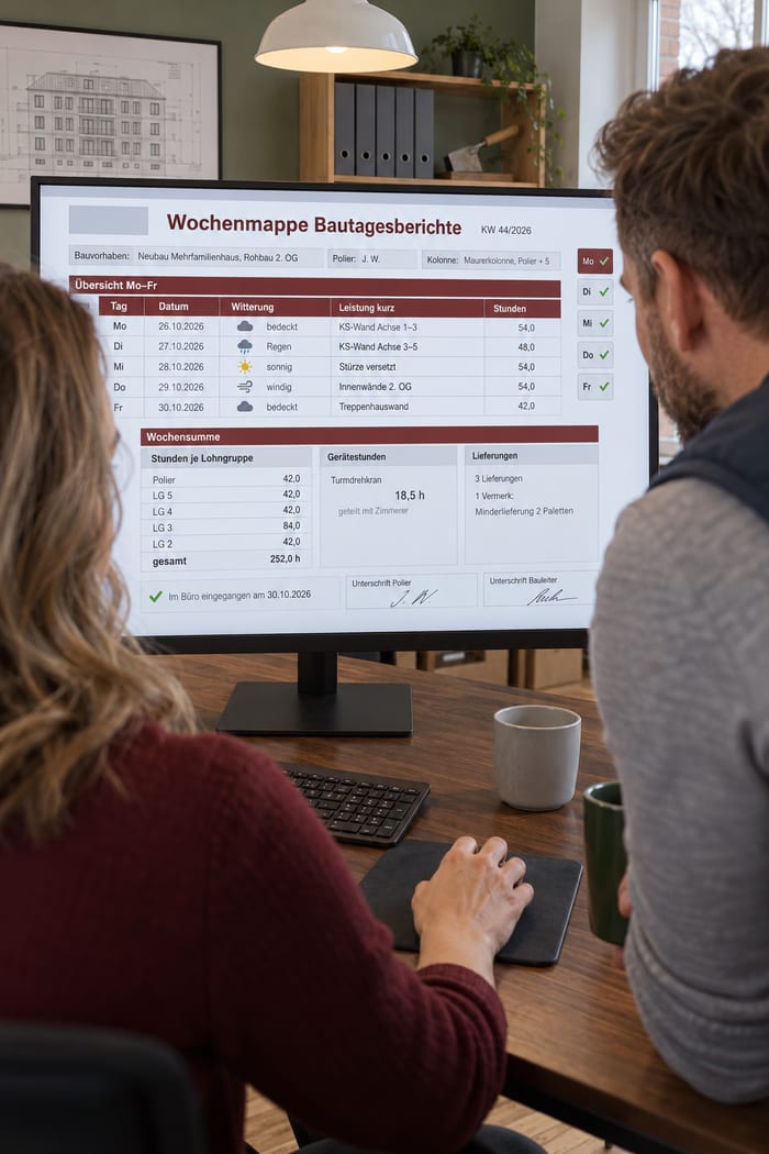 Zwei Mitarbeiter eines Rohbauunternehmens sehen im Büro am Monitor die Wochenmappe Bautagesberichte mit Wochensumme je Lohngruppe und Eingangsvermerk vom Büro