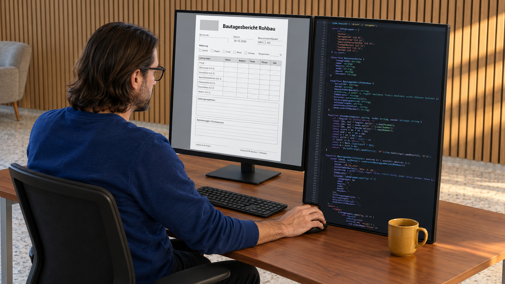 Entwickler am Schreibtisch programmiert den Bautagesbericht Rohbau, links das Formular mit Witterung und Kolonne nach Lohngruppen, rechts der Code dazu