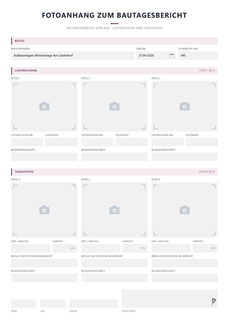 Fotoanhang zur Bautagesbericht-Vorlage mit Bezug zur Berichtsnummer, Fotofeldern für Lieferscheine samt Lieferschein-Nr. und Lieferant sowie Tagesfotos mit Ort, Uhrzeit und Bildunterschrift