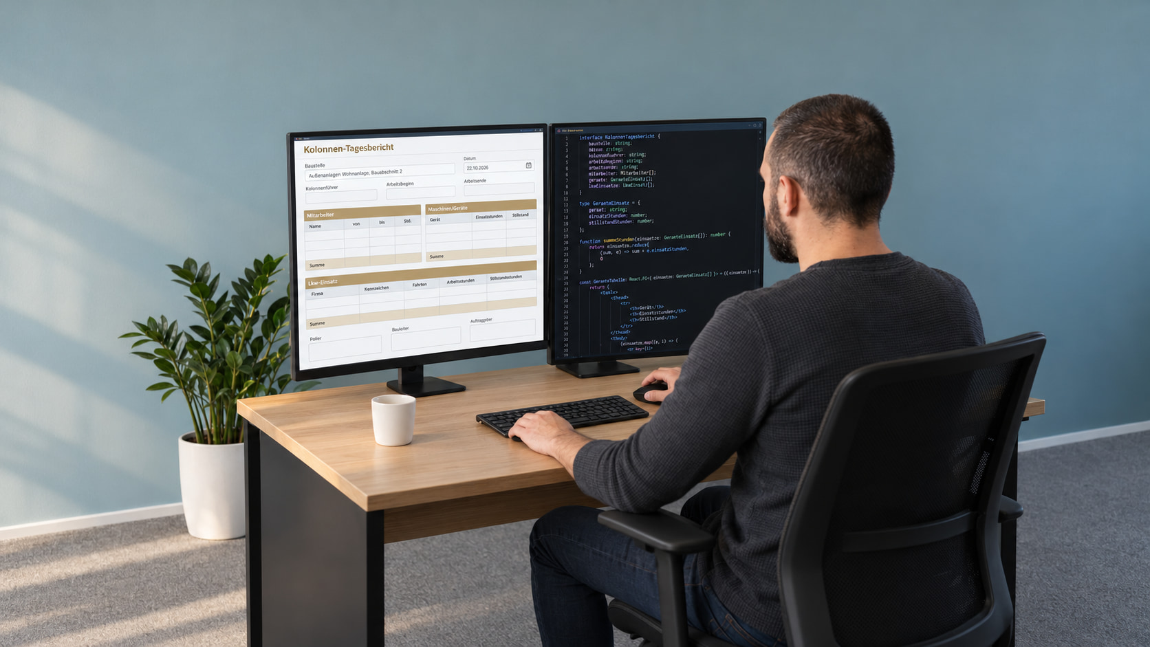 Softwareentwickler programmiert die Bautagesbericht-Vorlage für die Kolonne: links die Maske mit Mitarbeitern, Geräten und Lkw-Einsatz, rechts der Code