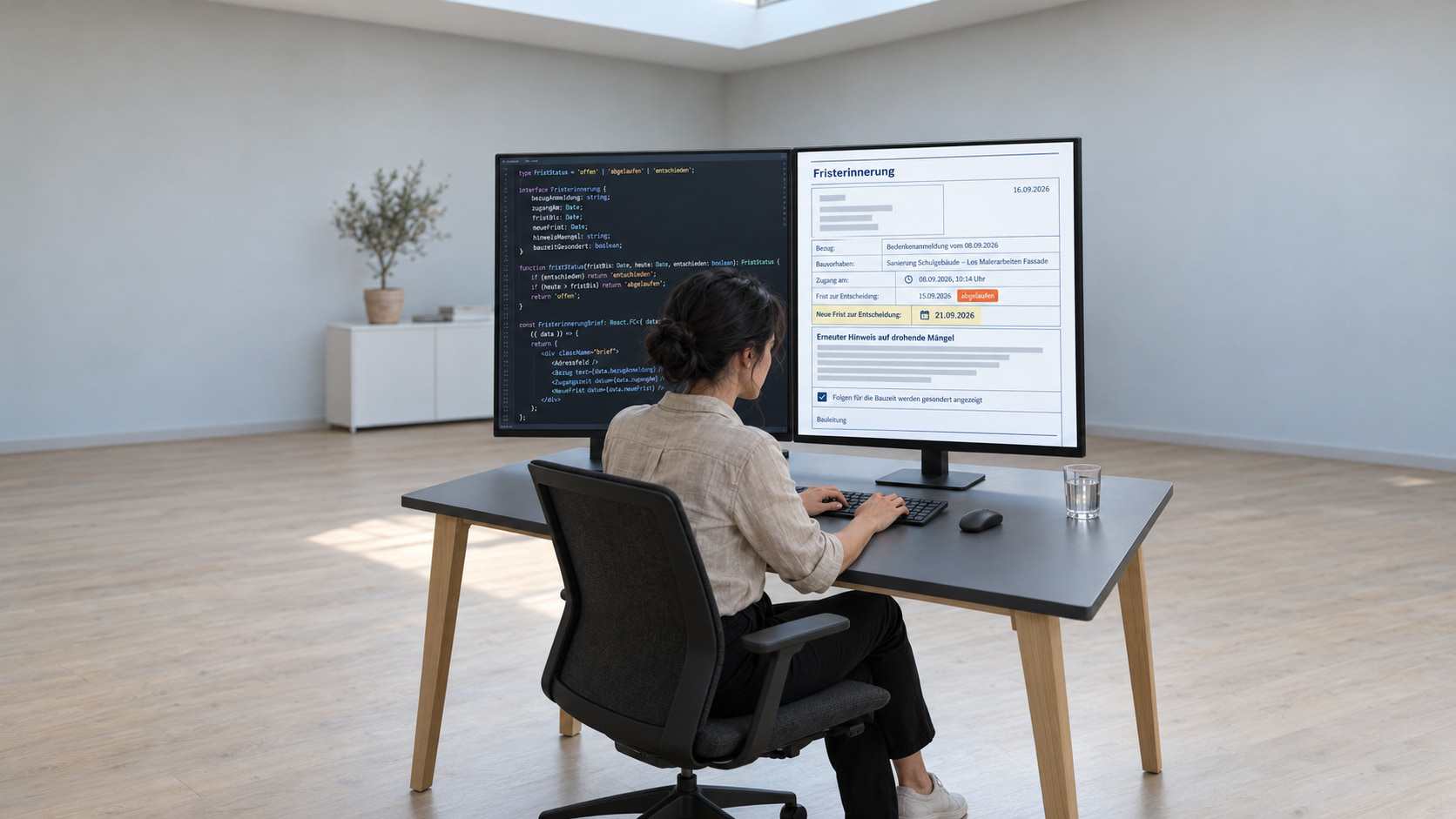Softwareentwicklerin programmiert die Bedenkenanmeldung nach VOB, auf dem einen Monitor der Code, auf dem anderen die Fristerinnerung mit neuer Frist zur Entscheidung