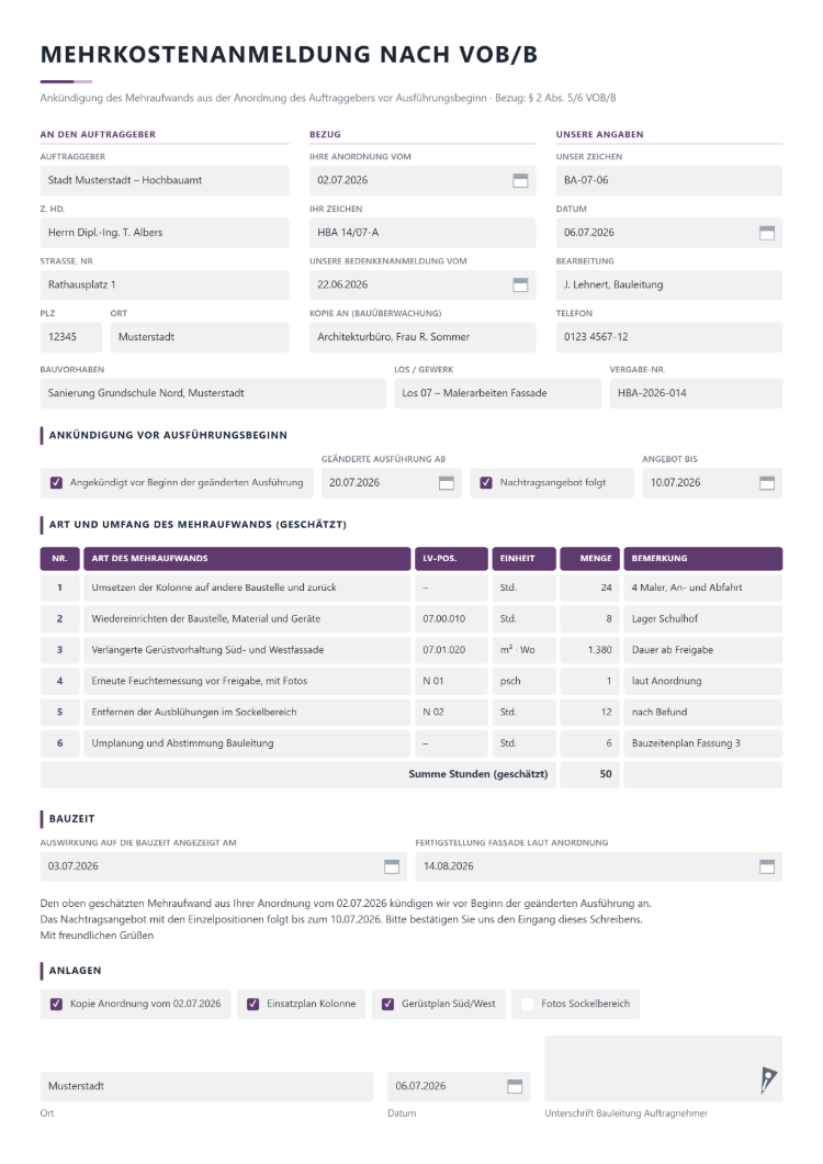 Mehrkostenanmeldung nach VOB/B mit Ankündigung vor Ausführungsbeginn, Tabelle des geschätzten Mehraufwands mit LV-Positionen und Hinweis auf das folgende Nachtragsangebot