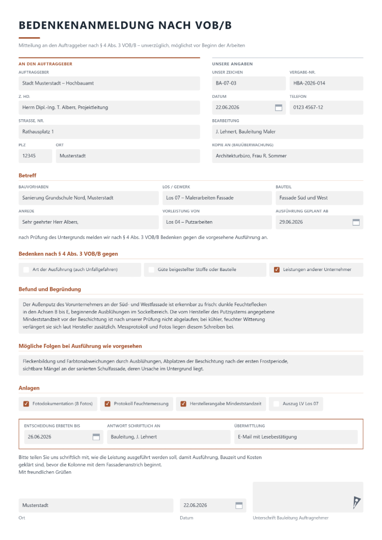 Bedenkenanmeldung nach VOB/B eines Malerbetriebs an die Kommune mit Adressfeld, Tatbestand nach § 4 Abs. 3 VOB/B, Befund zum Außenputz des Vorunternehmers und Fristfeld für die Entscheidung