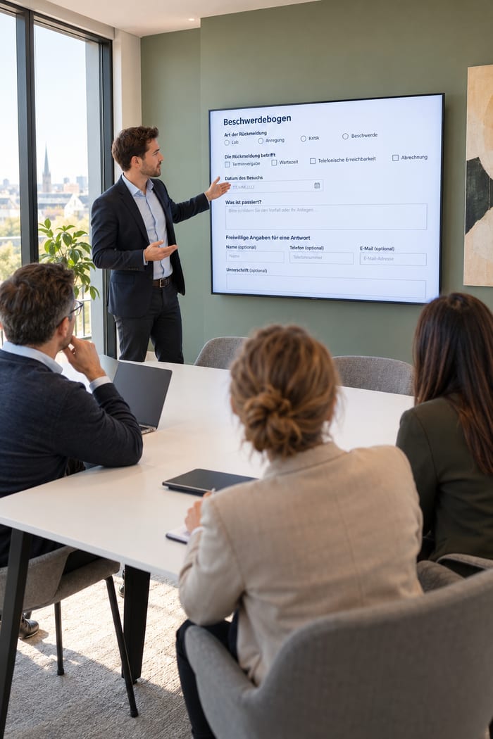 Berater stellt im Konferenzraum die Formularmaske eines digitalen Beschwerdebogens am Bildschirm vor