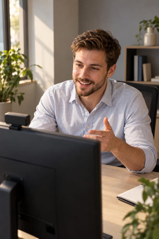 Berater erklärt im Online-Meeting, wie aus dem Beschwerde-Muster ein digitaler Beschwerdebogen wird