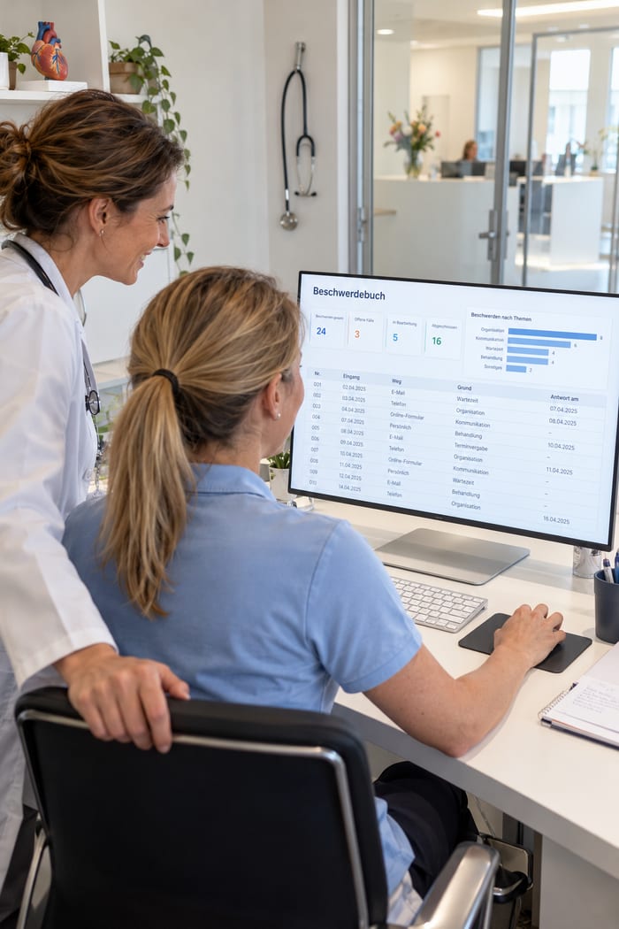 Praxismanagerin und Ärztin sehen sich gemeinsam das digitale Beschwerdebuch mit Auswertung nach Themen an