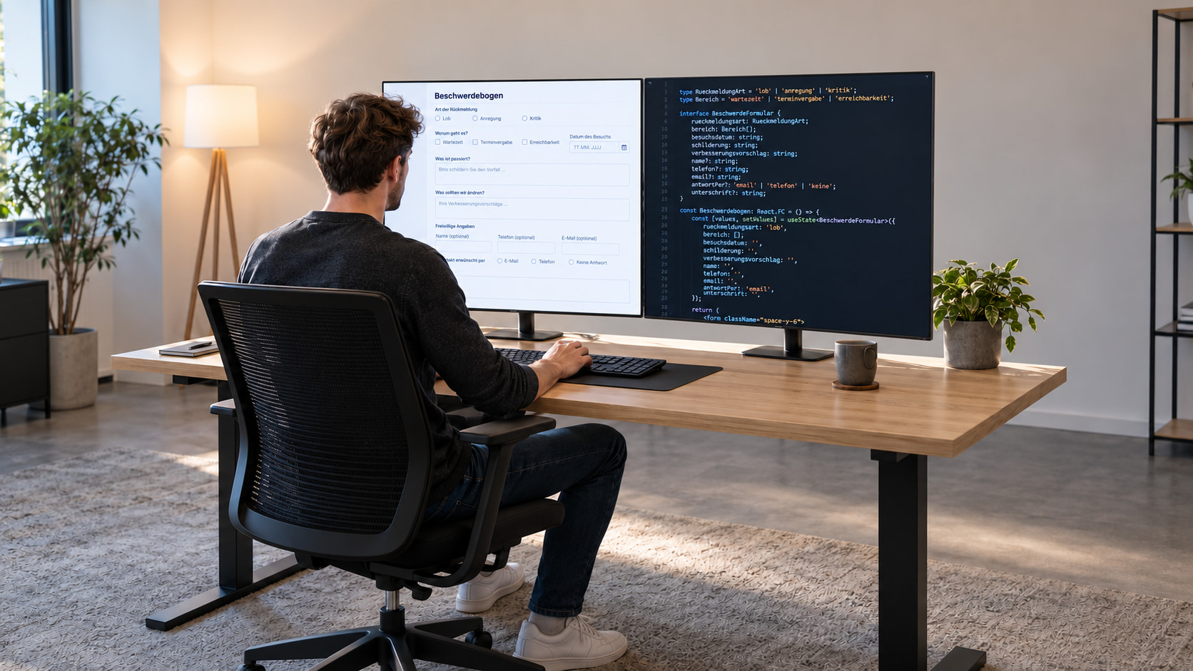Arbeitsplatz mit digitalem Beschwerdebogen und Programmcode auf zwei Monitoren