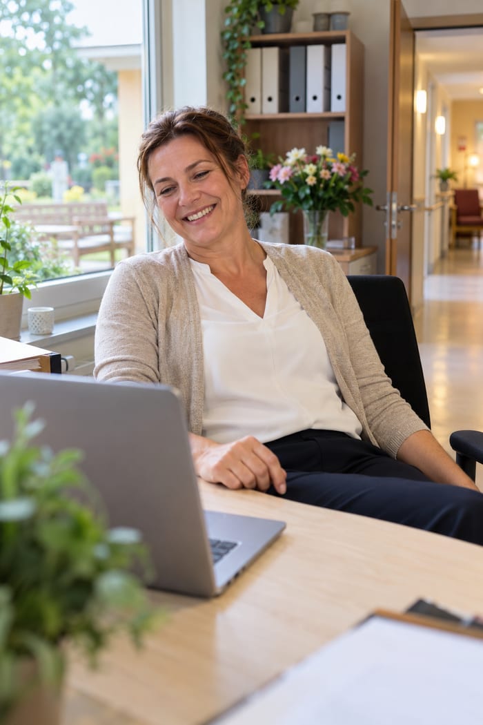 Pflegedienstleitung lehnt sich nach einer geklärten Beschwerde zufrieden am Laptop zurück