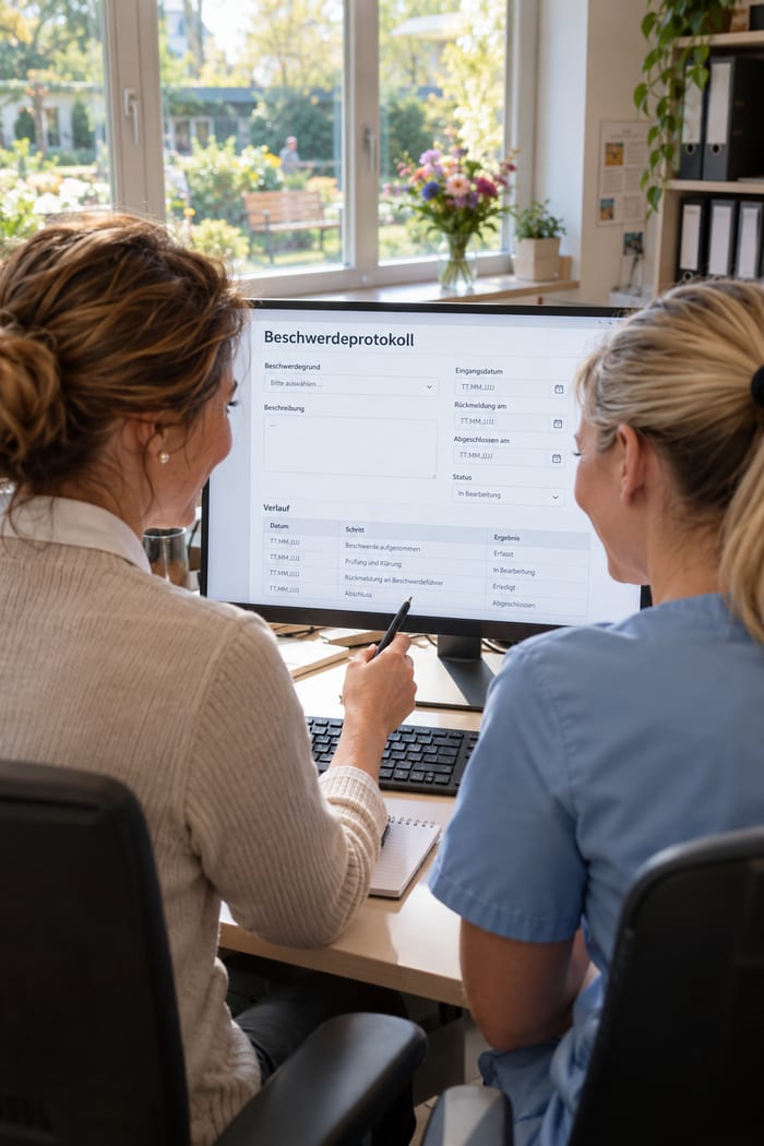 Pflegedienstleitung und Wohnbereichsleitung prüfen gemeinsam ein digitales Beschwerdeprotokoll am Bildschirm