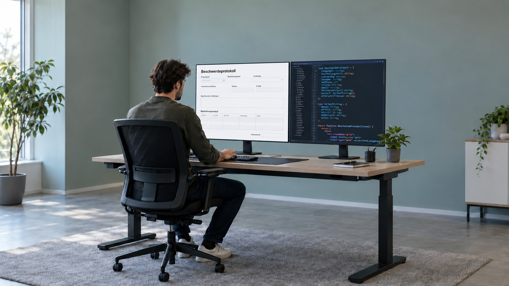 Arbeitsplatz mit digitalem Beschwerdeprotokoll und Programmcode auf zwei Monitoren