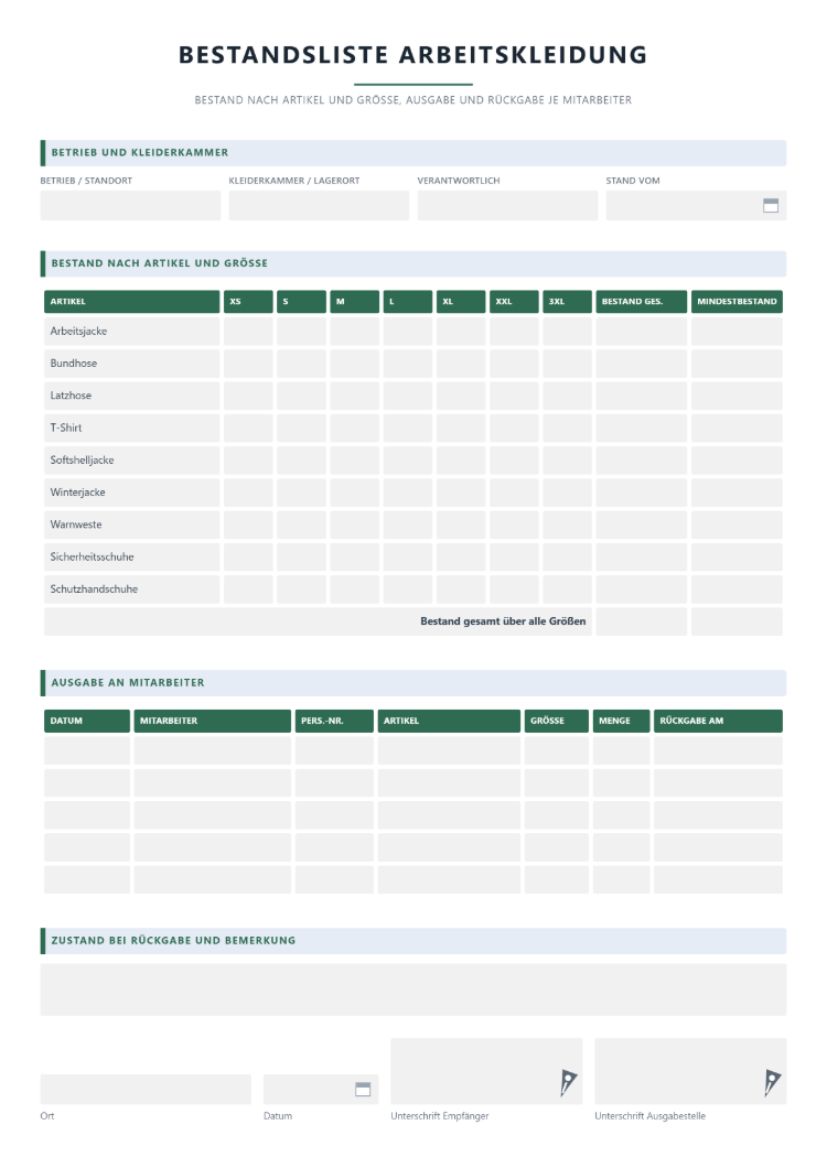 Bestandsliste für Arbeitskleidung