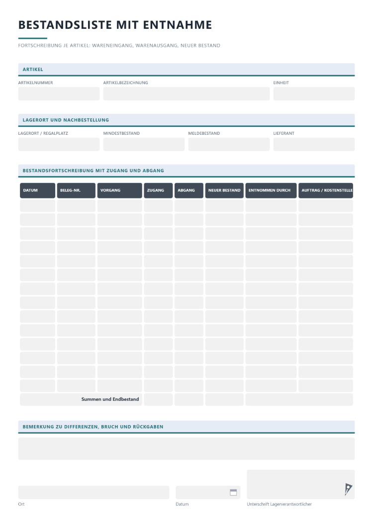 Bestandsliste mit Entnahme