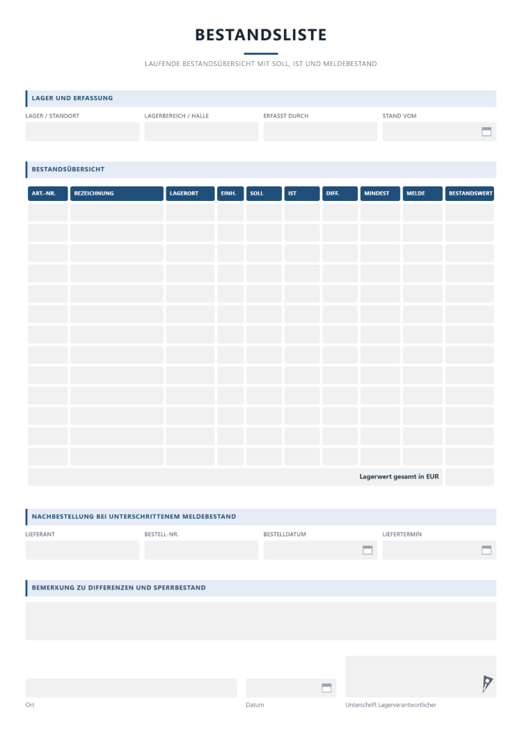 Bestandsliste Vorlage