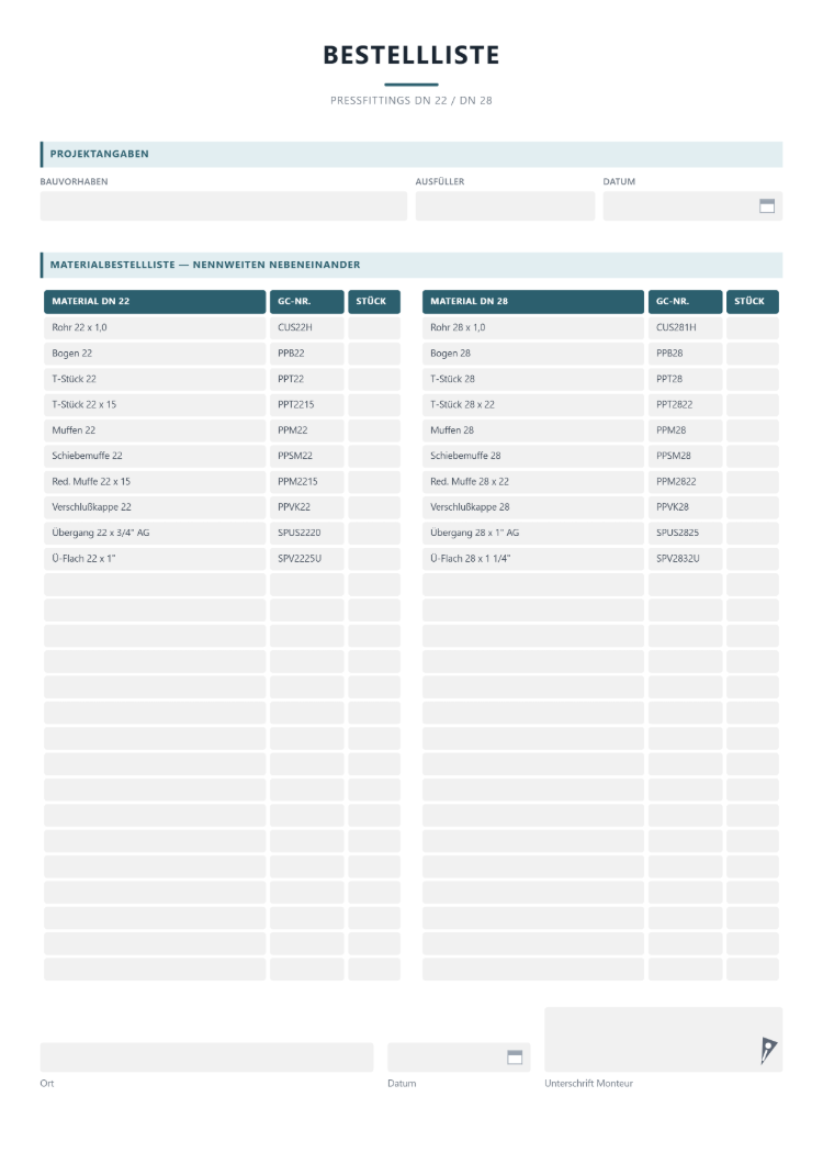 Bestellliste für Handwerk