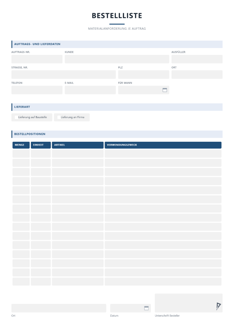 Bestellliste Vorlage