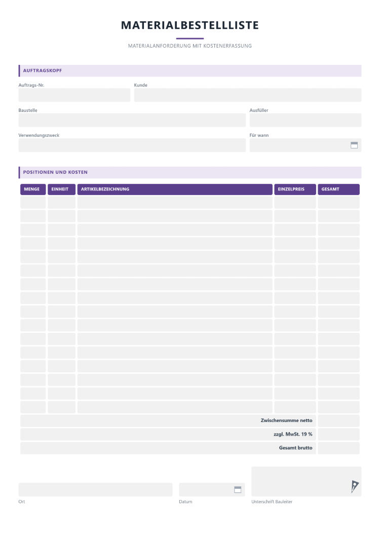 Materialbestellliste Muster