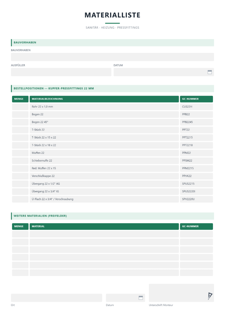 Bestellliste für SHK