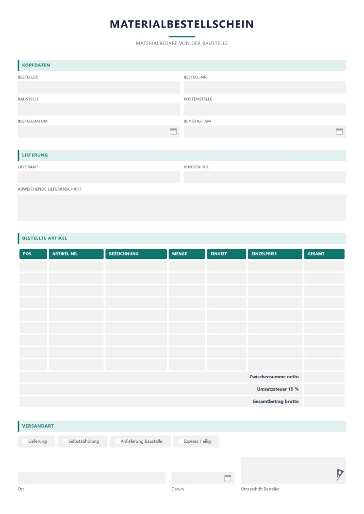 Materialbestellschein