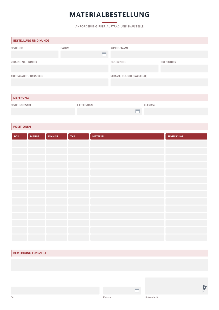 Materialbestellung Vorlage