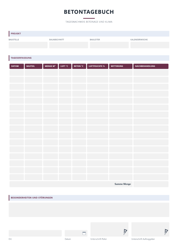 Betontagebuch Beispiel