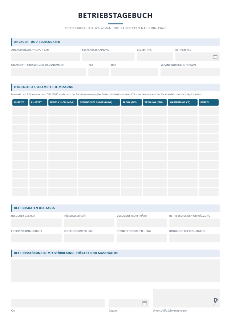 Betriebsbuch für Bäder