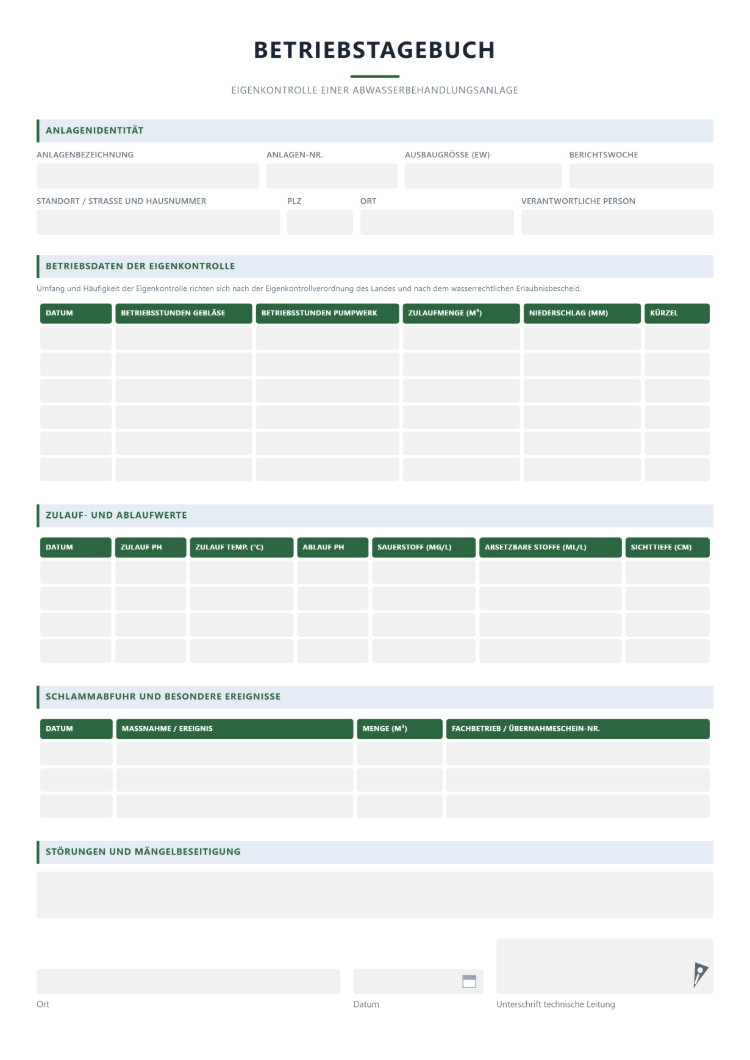Betriebstagebuch für die Kläranlage