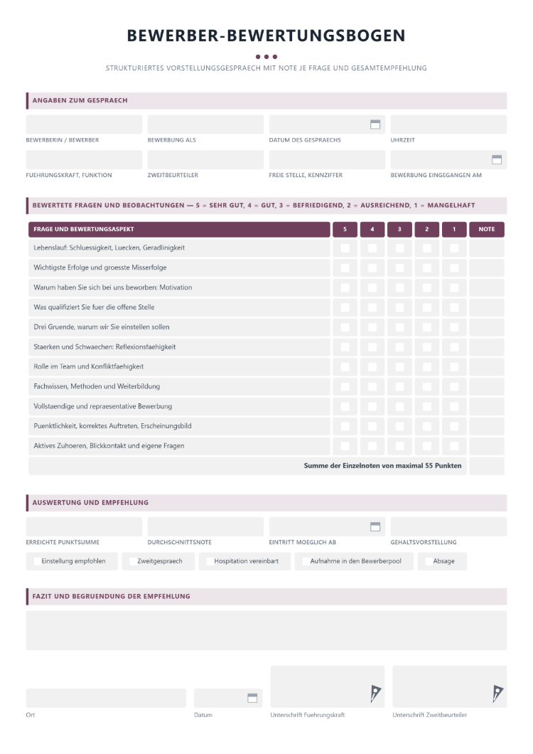 Bewertungsbogen für Bewerber