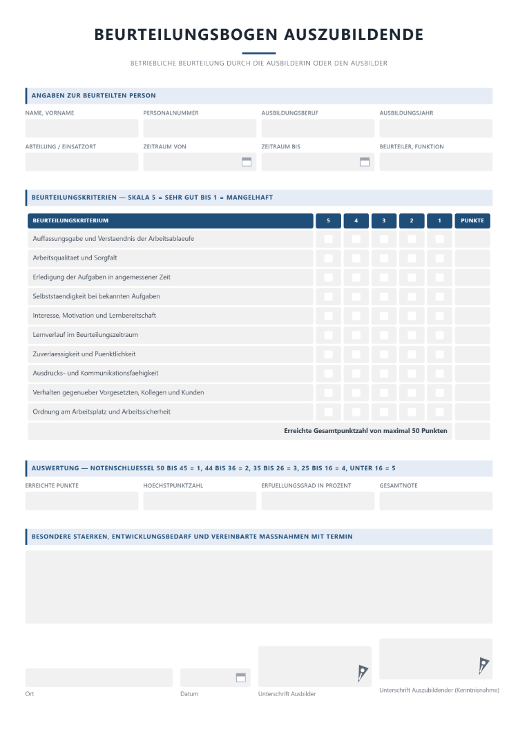 Bewertungsbogen für Azubis