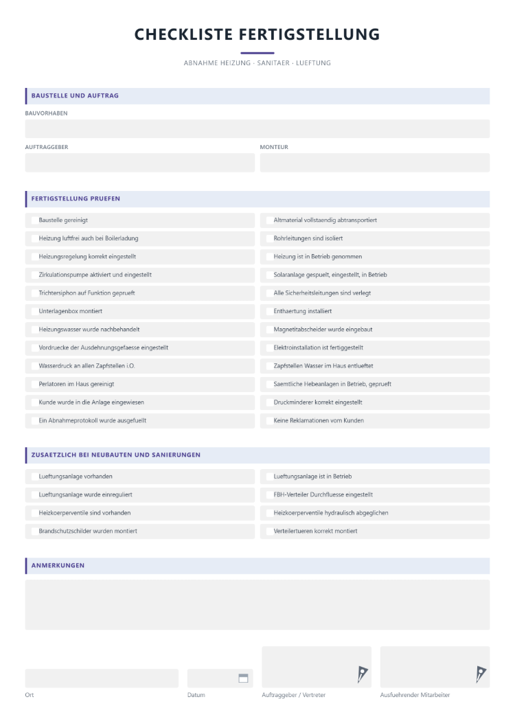 Checkliste zur Fertigstellung