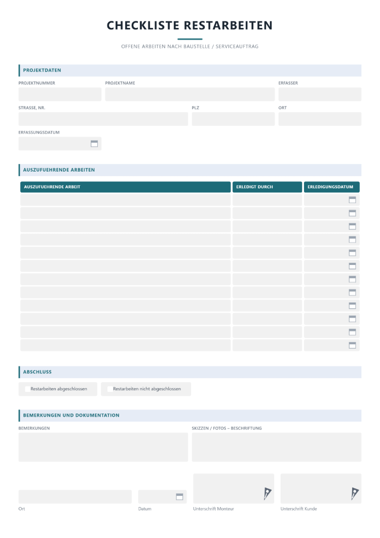 Checkliste für Restarbeiten