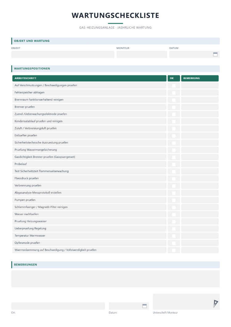 Checkliste als Wartungsvorlage