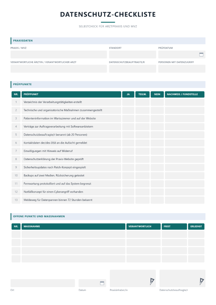 Datenschutz-Checkliste als Selbstcheck für Arztpraxis und MVZ