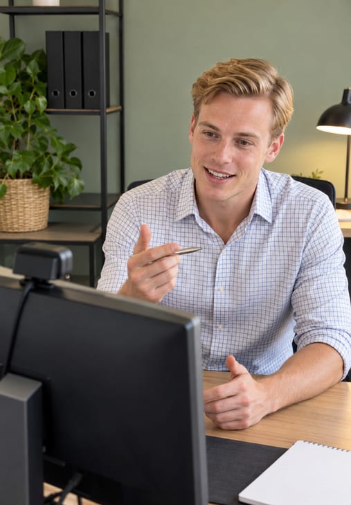 Berater erklärt im Online-Meeting vor Monitor und Webcam, wie der Dienstplan für die Gastronomie entsteht