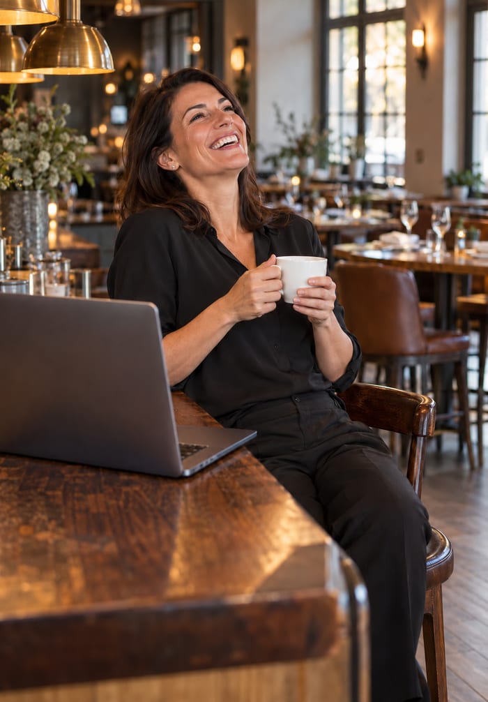 Restaurantleiterin freut sich mit Kaffeetasse am Laptop im noch leeren Gastraum über ihren fertigen Dienstplan für die Gastronomie