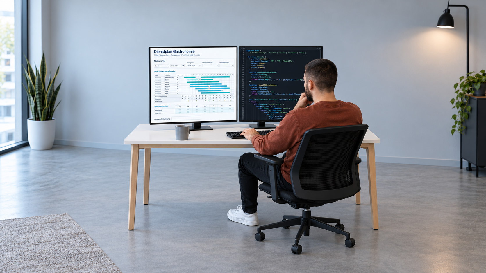 Entwickler programmiert den Dienstplan Gastronomie mit dem Filial-Tagesplan auf dem einen und dem Code auf dem anderen Monitor
