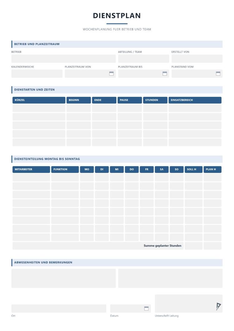 Dienstplan Vorlage