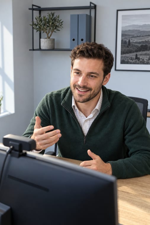 Formilo-Berater erklärt im Online-Meeting, wie das digitale Bautagebuch für einen Tiefbaubetrieb entsteht
