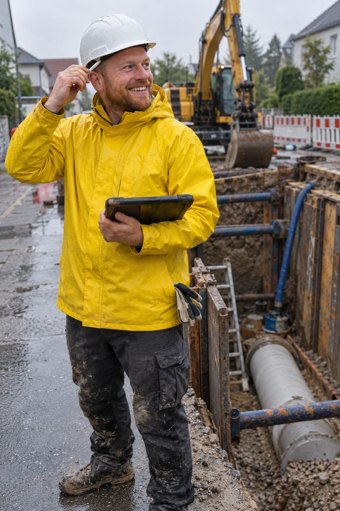 Polier eines Tiefbauunternehmens in gelber Regenjacke steckt sich am verbauten Kanalgraben lachend den Eingabestift hinters Ohr, das Tablet in der Schutzhülle in der Hand, dahinter Bagger und Absperrung