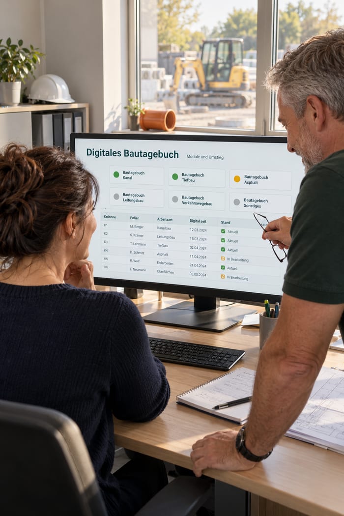 Bauleiterin und Inhaber eines Tiefbaubetriebs im Baubüro vor der Modulübersicht des digitalen Bautagebuchs, auf dem Fensterbrett ein Kanalrohr, draußen ein Bagger