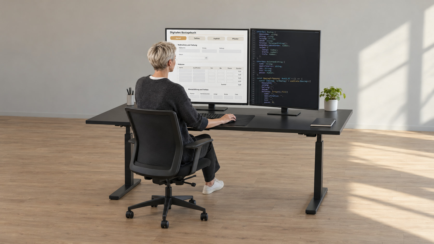 Softwareentwicklerin programmiert das digitale Bautagebuch: links die Erfassung mit Maßnahme, Haltung, Kolonne und Wasserhaltung, rechts der TypeScript-Code