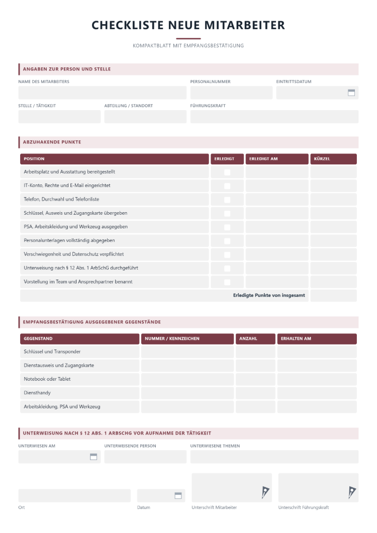Checkliste neue Mitarbeiter