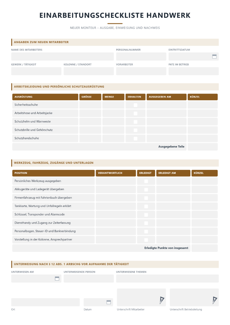Einarbeitungscheckliste Handwerk