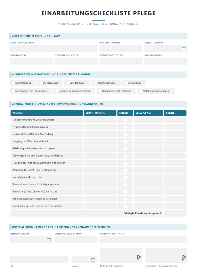 Onboarding-Checkliste Pflege