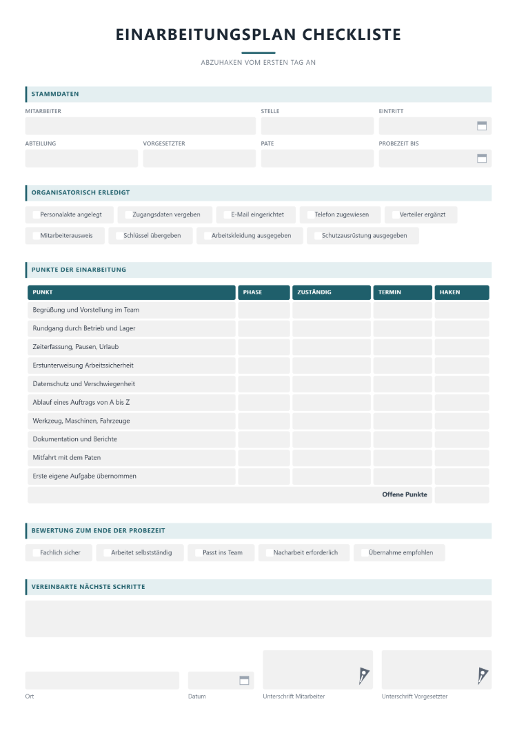 Einarbeitungsplan als Checkliste